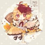 +_+ 1girl absurdres alternate_costume animal_on_head apple apron baby_animal bird bird_on_head blush bow bowtie brown_shoes brown_wrist_cuffs chibi chibi_only chick collared_dress commentary_request dress food food_request fruit full_body highres holding holding_spoon looking_at_viewer maid maid_apron medium_hair mini_person minigirl multicolored_hair nikorashi-ka niwatari_kutaka on_head open_mouth puffy_short_sleeves puffy_sleeves red_bow red_bowtie red_eyes shoes short_sleeves sitting solo spoon touhou two-tone_hair waffle watermark white_apron wings wrist_cuffs yellow_dress yellow_wings 