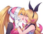  2girls absurdres azure_striker_gunvolt azure_striker_gunvolt_2 blonde_hair blue_eyes bodysuit bow breasts chest_ribbon ciel_(mega_man) collared_dress colored_tips commission commissioner_upload creator_connection crossover dress drooling eye_contact eyelashes french_kiss gloves hair_bow hand_on_another's_face helmet highres kiauwrenn kiss long_bangs long_hair looking_at_another mechanical_ears mega_man_(series) mega_man_zero_(series) multicolored_hair multiple_girls mysterious_girl_(gunvolt) non-web_source pantera_(gunvolt) petite pink_eyes pink_hair ponytail saliva simple_background sleeveless sleeveless_dress small_breasts transparent_background two-tone_hair upper_body variant_set white_gloves yuri zonda_(gunvolt) 