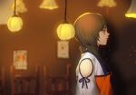  1girl anago_(tokyo_retro_gokko) backlighting bare_shoulders black_ribbon blurry blurry_background brown_eyes brown_hair cafe chair closed_mouth clothing_cutout commentary_request fatal_frame fatal_frame:_maiden_of_black_water from_side hanging_light highres indoors kozukata_yuuri light_particles long_hair looking_ahead orange_shirt picture_frame profile ribbon shirt short_sleeves shoulder_cutout sleeve_ribbon solo strapless strapless_shirt table upper_body white_shirt 