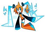  1girl :> artist_name blue_eyes blush blush_stickers boots closed_mouth crossover detached_sleeves eyelashes full_body fusion grin hair_between_eyes hatsune_miku lightning_bolt_symbol notice_lines orange_boots orange_hair pokemon pokemon_(creature) rotom rotom_(normal) simple_background skirt sleeves_past_fingers sleeves_past_wrists smile socky teeth thigh_boots twintails vocaloid white_background white_skirt 