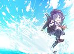  akatsuki_(kantai_collection) anchor_symbol commentary_request flat_cap hand_on_headwear hat highres kantai_collection komaruri long_hair neckerchief ocean one_eye_closed open_mouth pantyhose purple_eyes purple_hair school_uniform serafuku skirt smile solo torpedo turret waves 