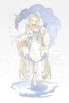  1girl artist_name blonde_hair blue_eyes bracelet breasts cleavage crescent_moon cross dress flower frilled_hairband frills gold_bracelet hair_flower hair_ornament hairband heterochromia high_heels highres jewelry lace-up_heels long_hair moon necklace original pearl_bracelet pearl_necklace pengren_siya ribbon sample_watermark solo standing standing_on_liquid star_(symbol) very_long_hair watermark white_background white_dress yellow_eyes 