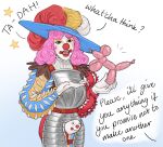  1girl armor balloon_animal black_eyes blush bulge clown clown_nose clownsknecht codpiece commentary english_commentary english_text gloves goblin_bin hat_feather highres landsknecht makeup novelty_codpiece original pink_hair red_lips simple_background smile solo white_gloves 