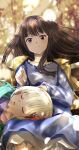  2girls black_hair blonde_hair blue_dress closed_eyes closed_mouth commentary_request dappled_sunlight day dress highres holding inoue_takina jacket jacket_on_shoulders lap_pillow long_hair lycoris_recoil mimikaki multiple_girls nishikigi_chisato outdoors parted_lips purple_eyes sengoku_chidori short_hair sleeping smile sunlight yellow_jacket yuri 