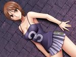  against_wall breasts brown_eyes brown_hair cleavage crimson_comics looking_at_viewer medium_breasts nami_(one_piece) one_piece pleated_skirt short_hair skirt solo 
