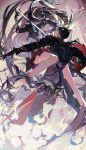  2boys bare_legs black_gloves black_hair black_jacket cape chinese_text cloud dynamic_pose english_text floating floating_ribbon gloves highres holding holding_sword holding_weapon jacket long_hair looking_at_another male_focus multiple_boys original pastel_colors red_cape shiriqing short_hair signature sword thigh_strap watermark weapon 