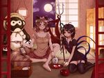  animal_ears asymmetrical_wings black_hair black_legwear brown_eyes brown_hair choko_(cup) cup dress full_moon futatsuiwa_mamizou glasses gourd houjuu_nue indian_style kiseru kneeling kurage_(artist) leaf leaf_on_head moon multiple_girls open_mouth pipe pointy_ears polearm raccoon_ears raccoon_tail red_eyes short_dress sitting smile snake tabako-bon tail tanuki thighhighs touhou trident weapon window wings 