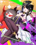  1girl absurdres alternate_costume black_hair blush breasts commentary_request cosplay doll double_v fate/grand_order fate_(series) hair_ornament hair_over_one_eye highres kitsunebi44410 long_sleeves looking_at_viewer magia_baiser magia_baiser_(cosplay) mahou_shoujo_ni_akogarete mole mole_under_eye open_mouth pantyhose pasties puffy_sleeves short_hair small_breasts solo v wings xu_fu_(fate) yellow_eyes 