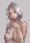  blue_eyes braid breasts cleavage face grey_background highres large_breasts lips long_hair looking_at_viewer nipples nose nude original pandea_work pointy_ears silver_hair simple_background smile solo upper_body 