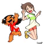  barefoot black_eyes black_hair brown_hair child commentary crossover daveigh_chase dolphin_shorts east-west_crossover english_commentary green_shirt hawaiian_shirt highres in_memoriam jumping lilo_&amp;_stitch lilo_pelekai long_hair looking_at_viewer loopdloop midair nostrils ogino_chihiro open_mouth pink_shorts ponytail red_shirt sen_to_chihiro_no_kamikakushi shirt shoes short_sleeves shorts signature simple_background socks striped_clothes striped_shirt voice_actor_connection white_background white_socks yellow_shoes 