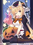  ;) ahoge animal_ears black_legwear blonde_hair blush boots bow braid breasts brooch candy cape food food_themed_hair_ornament fox_ears hair_ornament halloween happy_halloween jack-o'-lantern jewelry lollipop long_hair looking_at_viewer medium_breasts one_eye_closed original pantyhose pumpkin_hair_ornament puppet sitting smile solo star t-ray very_long_hair wariza witch yellow_eyes 