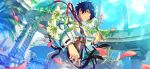  1boy blue_hair bracelet cowboy_shot earrings ensemble_stars! falling_petals fingernails flower game_asset happy_elements holding holding_flower jacket jewelry lapels lens_flare lily_(flower) long_sleeves looking_at_viewer male_focus multiple_rings non-web_source official_art pants parted_lips petals pillar plant red_ribbon ribbon ring sazanami_jun self-datamine shirt short_hair smile solo teeth wedding_march!_(ensemble_stars!) white_flower white_jacket yellow_eyes 