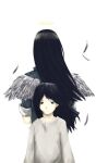  1girl age_progression angel angel_wings black_hair commentary_request feathered_wings feathers from_behind haibane_renmei halo highres long_hair long_sleeves looking_at_viewer reki_(haibane_renmei) simple_background traditional_halo white_background wings yasu_(shijimi_8) 