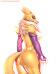  2015 anthro arm_warmers black_sclera blue_eyes bottomless breasts butt canine chest_tuft clothed clothing digimon doomthewolf english_text female fox fur gloves half-closed_eyes half-dressed hi_res looking_at_viewer looking_back mammal nude renamon side_boob simple_background solo text topless tuft white_background white_fur yellow_fur 