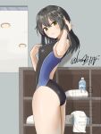  1girl ass black_hair black_one-piece_swimsuit bottle breasts brown_eyes commentary_request competition_swimsuit kantai_collection long_hair looking_at_viewer lumb medium_breasts one-piece_swimsuit oyashio_(kancolle) parted_lips shelf solo standing swimsuit twitter_username two-tone_swimsuit watermark 