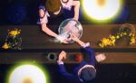  2girls anago_(tokyo_retro_gokko) black_hair blue_shirt brown_hair cafe clothing_cutout commentary_request counter cup fatal_frame fatal_frame:_maiden_of_black_water flower foreshortening from_above giving hands_up hanging_light highres holding holding_saucer holding_tray indoors kozukata_yuuri kurosawa_hisoka light_particles long_sleeves multiple_girls saucer shirt short_sleeves shoulder_cutout spoon teacup tray vase white_shirt yellow_flower 