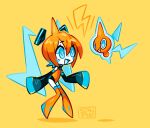  1girl aqua_eyes artist_name blush boots bright_pupils colored_skin commentary crossover detached_sleeves english_commentary eyelashes full_body fusion hair_between_eyes hatsune_miku lightning_bolt_symbol open_mouth orange_boots orange_hair pokemon pokemon_(creature) rotom rotom_(normal) simple_background sleeves_past_fingers sleeves_past_wrists smile socky thigh_boots vocaloid white_pupils white_skin yellow_background 