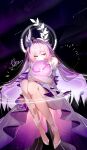  1girl absurdres amphoreus_(honkai:_star_rail) ankle_flower bare_shoulders commentary_request cyrene_(demiurge)_(honkai:_star_rail) cyrene_(honkai:_star_rail) dress dress_flower flower fukafuka_ekaki full_body hair_flower hair_intakes hair_ornament halo halo_behind_head highres honkai:_star_rail honkai_(series) hugging_object infinity_symbol knees_up leaf_hair_ornament long_hair multicolored_dress multicolored_hair pink_hair planet pointy_ears purple_dress purple_eyes purple_flower shooting_star sky solo star_(sky) star_trail starry_sky two-sided_dress two-sided_fabric very_long_hair white_dress white_halo wrist_flower 