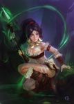  black_hair bodypaint bone boots bracer breasts brown_footwear cleavage earrings facial_mark feathers forehead_mark fur_trim glowing glowing_weapon hair_tie highres jewelry kneeling large_breasts league_of_legends looking_at_viewer maomao midriff necklace nidalee polearm ponytail solo spear watermark weapon yellow_eyes 