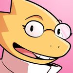  alphys buckteeth bust_portrait cubewatermelon eyewear female glasses lab_coat looking_at_viewer open_mouth pink_background scales scalie simple_background smile solo teeth undertale video_games yellow_scales 