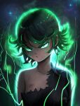  1girl absurdres aura blood blood_on_face breasts commentary cuts dress glowing glowing_eyes green_eyes green_hair hehevich highres injury one-punch_man serious short_hair small_breasts solo tatsumaki torn_clothes torn_dress upper_body v-shaped_eyebrows 