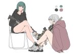  2girls absurdres ar-15 assault_rifle bare_legs battle_rifle black_hoodie chair closed_mouth ear_ornament fn_scar_17 from_side full_body green_hair gun head_on_hand highres holding holding_weapon hood hoodie lauging_man_(shun_a_t_i_o) looking_at_viewer multiple_girls on_chair on_floor original pink_hoodie purple_eyes rifle shoes short_hair simple_background sitting sneakers weapon white_background white_hair 