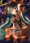  blue_eyes fang green_hair halloween hat hatsune_miku highres jack-o'-lantern jimmy long_hair looking_at_viewer night open_mouth sitting solo striped striped_legwear twintails very_long_hair vocaloid wariza witch_hat 