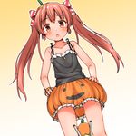  bare_shoulders blush brown_eyes brown_hair commentary_request faubynet hair_ribbon halloween halloween_costume highres jack-o'-lantern kantai_collection libeccio_(kantai_collection) long_hair looking_at_viewer md5_mismatch open_mouth pumpkin_skirt ribbon sleeveless solo twintails 