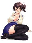  arm_support black_legwear blue_skirt breasts brown_hair frown full_body hand_to_own_mouth huge_breasts japanese_clothes kaga_(kantai_collection) kantai_collection keita_(tundereyuina) no_shoes side_ponytail simple_background sitting skirt solo sweat thighhighs white_background zettai_ryouiki 
