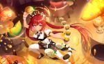  1girl black_border blue_eyes border breasts breath_weapon breathing_fire burning campfire candle candlelight chair commentary_request cooking cup drinking_glass embers explosion fiery_hair fiery_wings fire fireplace flaming_sword flaming_weapon food fruit game_asset highres holding honey indoors jack-o'-lantern lantern lava letterboxed long_hair looking_at_viewer non-web_source official_art orange_(fruit) paper_lantern pillarboxed pumpkin pyrokinesis red_hair self-datamine short_sleeves smile solo sunset sword table tail tea thighhighs torch twintails very_long_hair weapon wings world_dai_star yonaguni_hikari 
