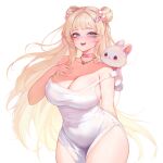  1girl absurdres arm_at_side artist_request bell blonde_hair blondedaze blue_eyes blush breasts choker cleavage commentary cowboy_shot creature creature_on_shoulder curvy double_bun dress english_commentary floating_hair hair_bun hair_ornament hand_on_own_chest highres indie_virtual_youtuber jewelry jingle_bell large_breasts long_hair looking_at_viewer neck_bell necklace on_shoulder open_mouth pink_choker pom_pom_(clothes) pom_pom_hair_ornament rabbit_hair_ornament second-party_source side_slit simple_background sleeveless sleeveless_dress smile solo spaghetti_strap standing strap_slip very_long_hair virtual_youtuber white_background white_dress wide_hips 
