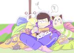  brown_hair cat cellphone chips cigarette dakimakura_(object) food hood hoodie indian_style jitome magazine male_focus matsuno_ichimatsu messy_hair osomatsu-kun osomatsu-san phone pillow roomu sitting smartphone smoking socks solo 