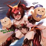  1girl animal_ears armor armored_boots bandeau bare_shoulders bikini bikini_armor blush boots breasts brown_eyes brown_hair brown_tail cerberus_(shingeki_no_bahamut) cerberus_(shingeki_no_bahamut)_(cosplay) cleavage commentary_request cosplay cygames gold_trim hand_puppet horse_ears horse_girl horse_tail hoshikuzu_kizuna_(kizuna_stardust) ikuno_dictus_(umamusume) long_hair looking_at_viewer matikanetannhauser_(umamusume) medium_breasts multicolored_hair navel nice_nature_(umamusume) nose_blush open_mouth puppet red_armor red_bandeau red_bikini red_boots shingeki_no_bahamut streaked_hair swimsuit tail translation_request twintails umamusume v-shaped_eyebrows 