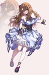  1girl black_gloves black_shoes blue_dress breasts brown_background brown_hair closed_mouth collarbone commentary dress flower full_body gloves hair_flower hair_ornament highres idolmaster idolmaster_million_live! idolmaster_million_live!_theater_days lace lace_gloves long_hair looking_at_viewer m1ya_p miyao_miya morpho_paresia_(idolmaster) official_alternate_costume red_eyes red_flower red_rose rose see-through_clothes see-through_gloves shoes simple_background sleeveless sleeveless_dress smile solo standing thick_eyebrows zoom_layer 