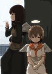  2girls angel angel_wings black_hair brown_eyes brown_hair cigarette commentary_request dress feathered_wings haibane_renmei halo long_hair messy_hair multiple_girls neckerchief rakka_(haibane_renmei) reki_(haibane_renmei) sailor_collar sailor_dress short_hair short_sleeves sitting smile smoking traditional_halo white_dress wings wk_(low-f) 