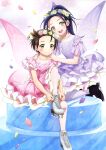  2girls :d absurdres animage anime_coloring artist_request blush braid braided_bangs brown_eyes brown_hair closed_mouth copyright_name copyright_notice dress dress_flower earrings fairy_wings falling_petals flower flower-trimmed_dress flower_trim flower_wreath full_body glitter_dress hands_on_another's_shoulders happy head_wreath high_ponytail highres ice_skates jewelry kamisaki_hikaru knee_up kneeling layered_dress long_hair looking_at_viewer medalist_(manga) medium_dress multiple_girls official_art open_mouth pantyhose petals pink_dress pink_flower pink_petals pink_wings ponytail purple_flower purple_hair purple_pantyhose purple_petals purple_wings short_hair short_sleeves sitting skates smile split_mouth stud_earrings teeth third-party_source tying_footwear upper_teeth_only wings yellow_eyes yellow_flower yellow_petals yuitsuka_inori 