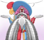  1girl armor black_eyes blush bulge clown clown_nose clownsknecht codpiece commentary english_commentary from_below gloves goblin_bin hat_feather highres landsknecht makeup novelty_codpiece original pink_hair red_lips simple_background smile solo speech_bubble white_gloves 