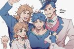  1girl 4boys :d ^_^ aqua_eyes aqua_necktie aqua_trim argyle_clothes argyle_hat arm_up artist_name black_eyes blonde_hair blue_gloves blue_hair blue_hat blue_jacket blue_shirt buttons chibi choker closed_eyes closed_mouth collared_shirt curtained_hair danny_(jojo) dated dio_brando dog english_text erina_pendleton facial_hair fingerless_gloves gem gloves hand_on_another's_head hand_on_another's_shoulder hat highres jacket jojo_no_kimyou_na_bouken jonathan_joestar kutako_(kutako138) light_blush long_hair long_sleeves looking_at_another multiple_boys mustache necktie open_mouth parted_bangs phantom_blood pink_vest pout raised_inner_eyebrows robert_e._o._speedwagon scar scar_on_face shirt short_hair simple_background sleeveless sleeveless_shirt smile teeth tongue tongue_out top_hat upper_teeth_only v-shaped_eyebrows vest white_background white_choker white_jacket white_shirt will_anthonio_zeppeli 