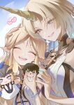  2girls absurdres blonde_hair blue_eyes blue_hair breasts cartethyia_(wuthering_waves) chigusa7h closed_eyes colored_inner_hair commentary_request dual_persona earrings facing_viewer fingernails fleur-de-lis fleurdelys_(wuthering_waves) grin hand_puppet heart highres horns jewelry large_breasts long_hair long_horns looking_at_viewer male_rover_(wuthering_waves) multicolored_hair multiple_earrings multiple_girls necklace parted_bangs pointy_ears puppet rover_(wuthering_waves) sidelocks single_horn small_breasts smile tacet_mark_(wuthering_waves) upper_body wuthering_waves yellow_horns 