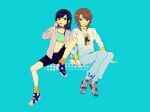  2girls :p akanbe anago_(tokyo_retro_gokko) aqua_background black_choker black_eyes black_hair black_shorts blue_shorts brown_eyes brown_hair brown_shirt choker closed_mouth commentary_request earrings eyelid_pull fatal_frame fatal_frame:_maiden_of_black_water film_grain full_body gradient_clothes gradient_shirt green_sports_bra grey_jacket grey_pants grey_shirt grey_shoes highres hinasaki_miku hoop_earrings invisible_chair jacket jewelry kozukata_yuuri layered_sleeves long_hair long_sleeves midriff multiple_girls navel open_clothes open_shirt orange_socks pants parted_lips shirt shoes shorts simple_background sitting sneakers socks sports_bra tongue tongue_out 