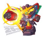  anniversary chibi clenched_hands commentary_request copyright_name english_text fins full_body gaofighgar gradient_background grey_background head_fins mecha mecha_focus no_humans ringed_eyes robot rocket_punch susagane yuusha_ou_gaogaigar yuusha_series 