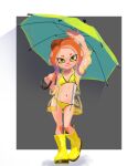  1girl agent_8_(splatoon) arm_up artist_name bikini boots breasts closed_mouth coat commentary_request full_body highres holding holding_umbrella long_hair looking_at_viewer medium_breasts multicolored_hair navel octoling purple_hair raincoat red_hair rubber_boots see-through_clothes see-through_coat signature smile solo splatoon_(series) splatoon_2 standing stomach suction_cups swimsuit tanukichikushin tentacle_hair thighs two-tone_hair umbrella yellow_bikini yellow_boots yellow_eyes 