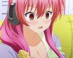  blush hair_ornament hair_scrunchie headphones jpeg_artifacts long_hair loungewear pink_eyes pink_hair rakudai_kishi_no_cavalry screencap scrunchie solo stella_vermillion striped striped_hoodie 