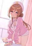  1girl absurdres bed blue_eyes blush breasts brown_hair cardigan cleavage commentary_request dress gakuen_idolmaster hair_between_eyes hair_bun hat highres himesaki_rinami hospital_bed idolmaster indoors large_breasts light_particles looking_at_viewer nurse nurse_cap on_bed open_cardigan open_clothes pink_cardigan short_dress single_hair_bun solo thighs wanitaroo._(waniwani_panic) white_dress white_hat window 