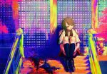  1girl anago_(tokyo_retro_gokko) ankle_boots black_boots black_shorts black_socks boots brown_eyes brown_hair building closed_mouth clothing_cutout colorful commentary_request fatal_frame fatal_frame:_maiden_of_black_water full_body highres hugging_own_legs kneehighs kozukata_yuuri long_hair looking_ahead looking_down looking_to_the_side shirt short_sleeves shorts shoulder_cutout shrine sitting sitting_on_stairs socks solo stairs white_shirt 