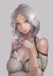  bare_shoulders blue_eyes braid breasts cleavage face grey_background highres large_breasts lips long_hair looking_at_viewer nose original pandea_work pointy_ears silver_hair simple_background smile solo upper_body 