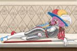  1girl armor black_eyes blush bulge clown clown_nose clownsknecht codpiece commentary english_commentary gloves goblin_bin hat_feather highres indoors landsknecht lying makeup novelty_codpiece on_side original pink_hair red_lips smile solo white_gloves 