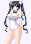  adapted_costume bare_shoulders black_hair blue_eyes blue_ribbon blush bow bowtie breasts cleavage cleavage_cutout covered_navel dungeon_ni_deai_wo_motomeru_no_wa_machigatteiru_darou_ka hair_ribbon hestia_(danmachi) large_breasts long_hair looking_at_viewer nak_yama nontraditional_school_swimsuit one-piece_swimsuit rei_no_himo ribbon school_swimsuit simple_background smile solo swimsuit twintails white_school_swimsuit white_swimsuit 