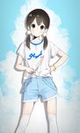  bad_id bad_pixiv_id black_hair blue_eyes denim denim_shorts feathers highres kitashirakawa_tamako long_hair low_twintails nosaki_viola shorts solo standing tamako_market twintails 