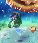  ajia_(otya3039) blue_eyes blue_hair bubble head_fins jack-o'-lantern japanese_clothes kimono mermaid monster_girl pumpkin sash solo tears touhou underwater wakasagihime 